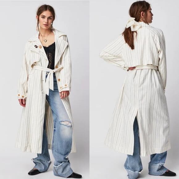We the Free People Trench Coat Long Jacket Stripes Off White Linen Size XS NWOT